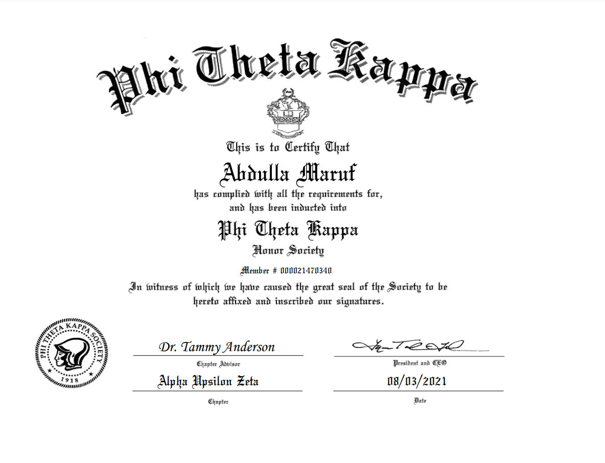 Phi Theta Kappa Certificate